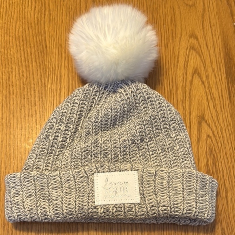 Love Your Melon Gray Knit‎ women’s winter Beanie with White Pom Pom